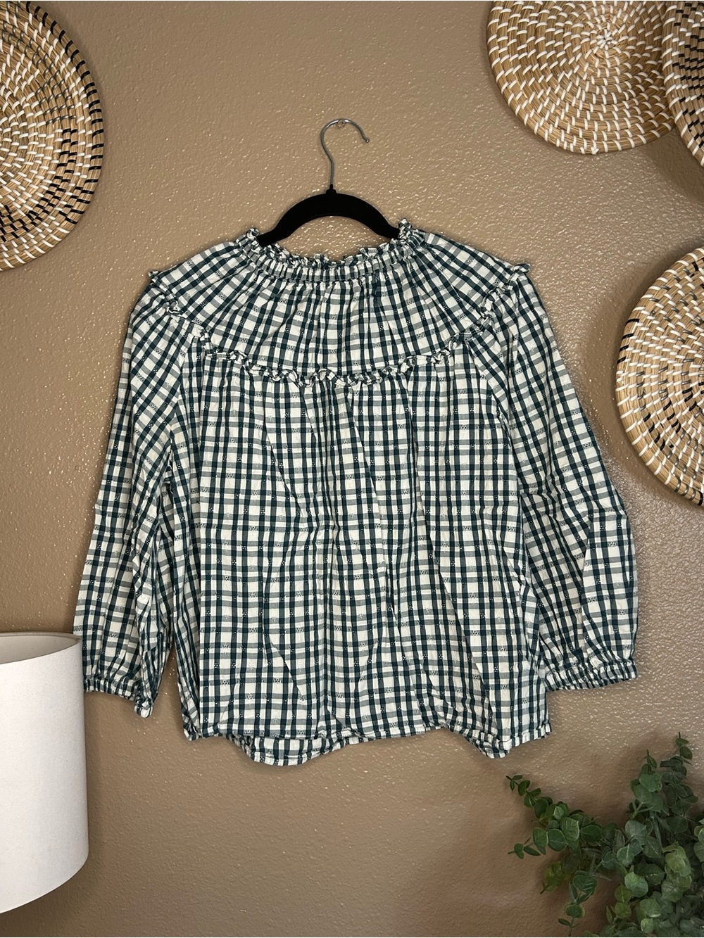 Universal Thread Green and White Plaid Smocked Yoke Blouse